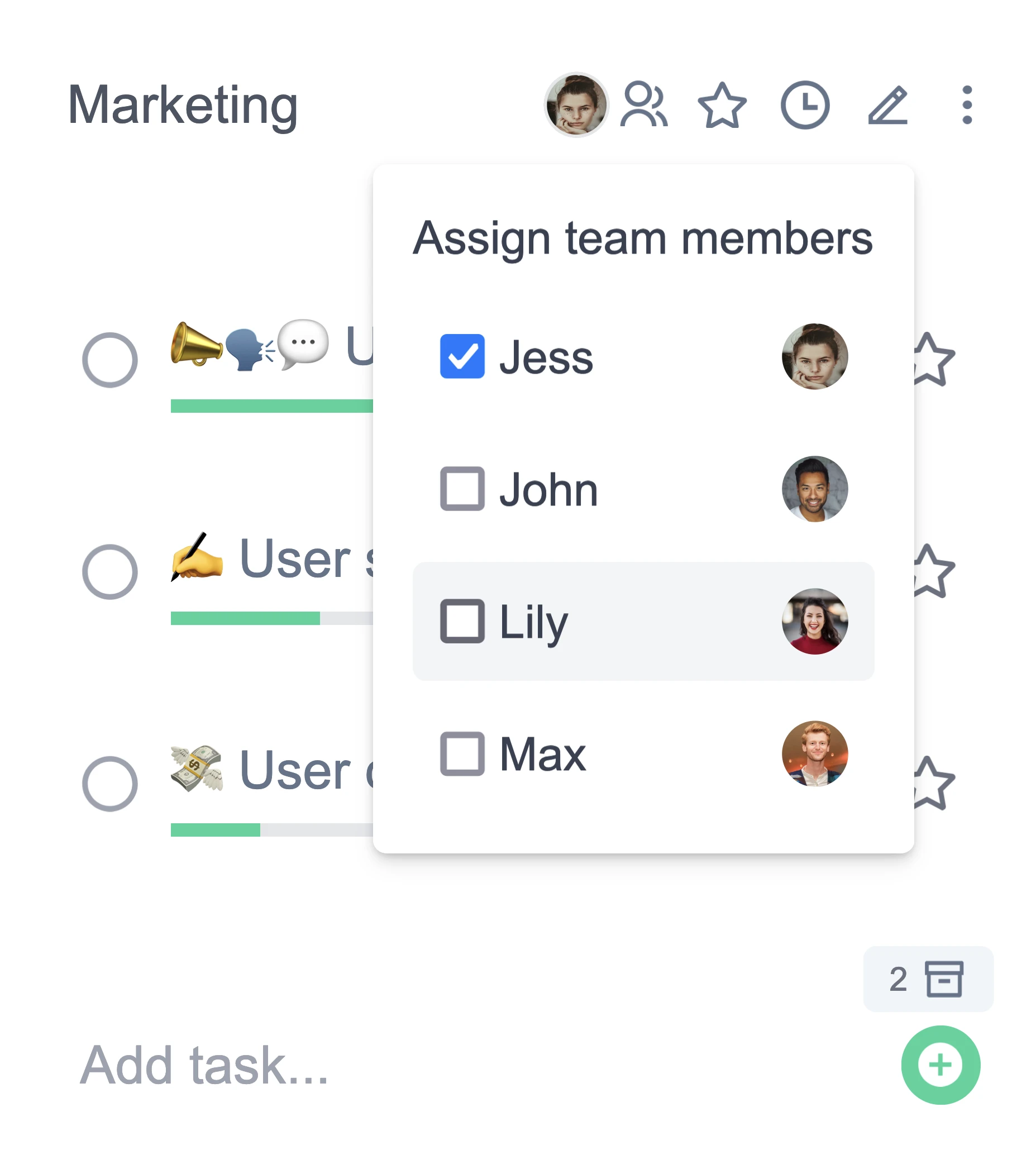 A dialog that has a list of team members who can be assigned to a task